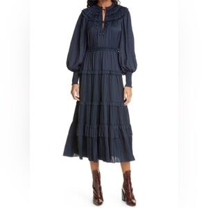 Ulla Johnson Serena Dress Size 12 Midnight Blue Satin Plisse Bishop Sleeves